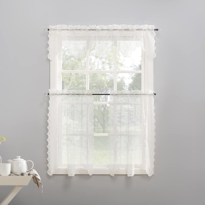 No. 918 Alison Floral Lace Sheer Rod Pocket Kitchen Curtain Tier Pair, 58" x 36", Ivory - Image 3